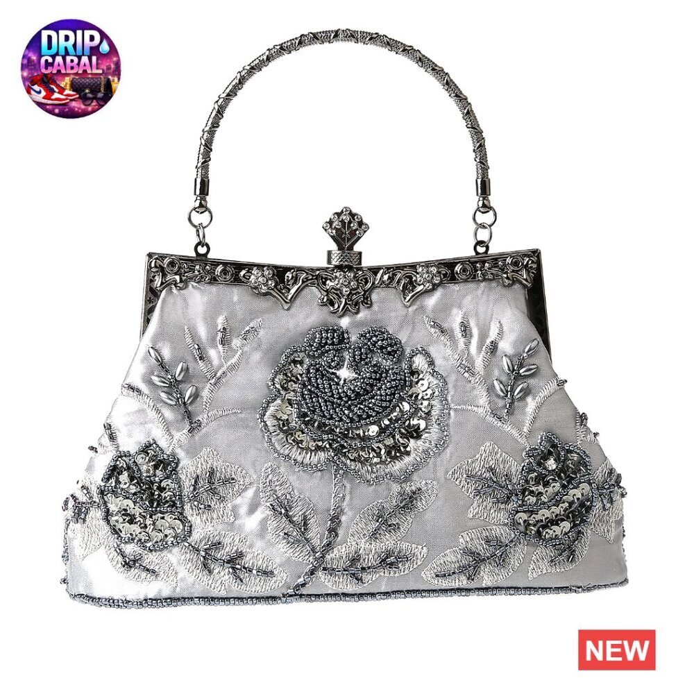 Vintage Floral Beaded Rhinestone Embroidery Clutch Sequin Evening Bag Elegant